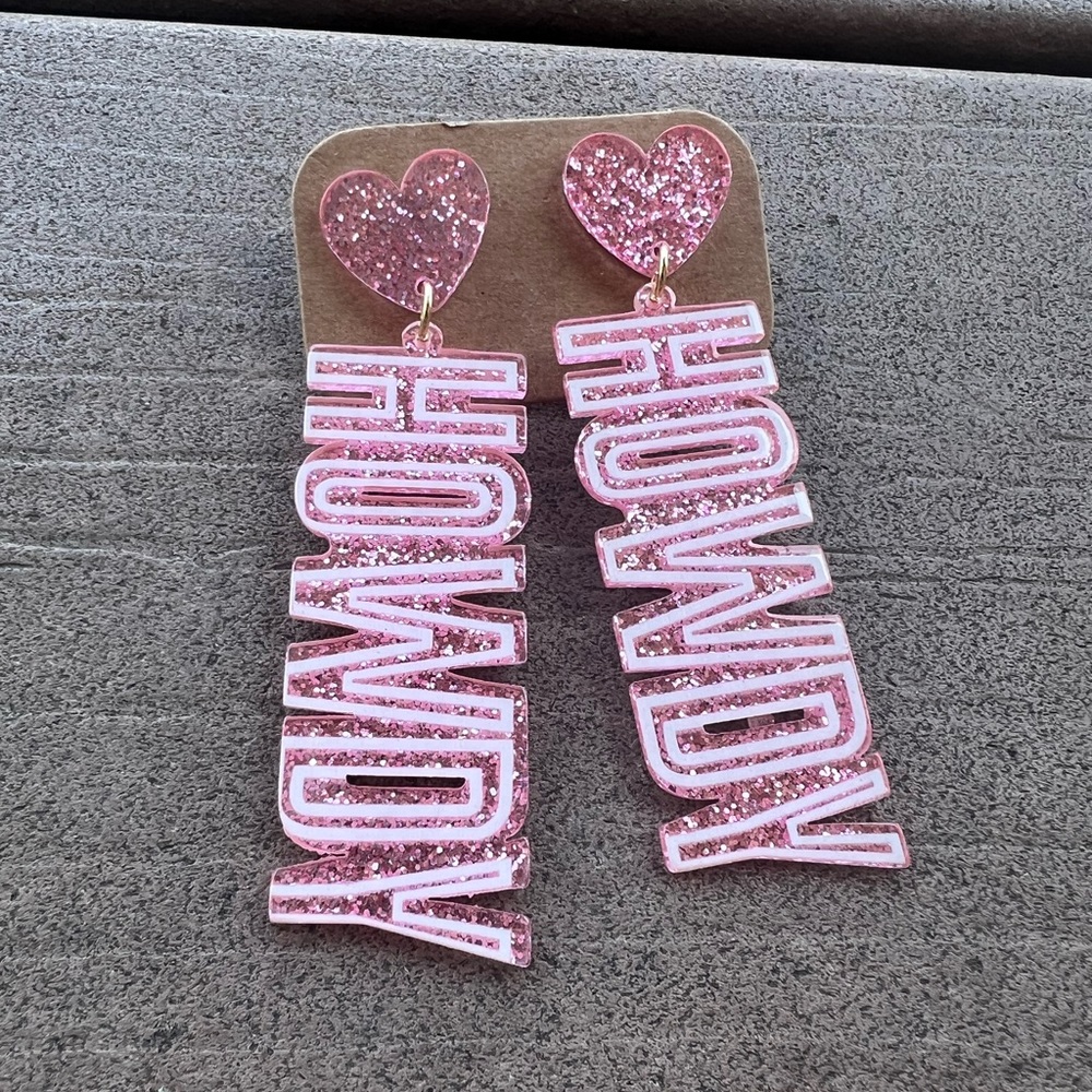 Howdy Pink Glitter Drop Earrings